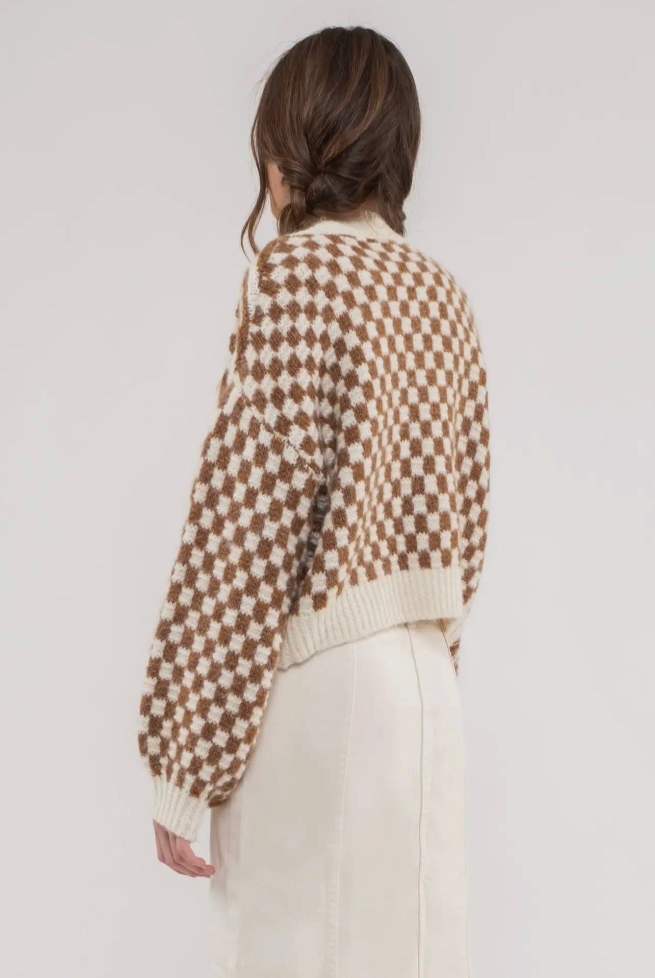 Stripe Check Balloon Slv Cardigan - Brown