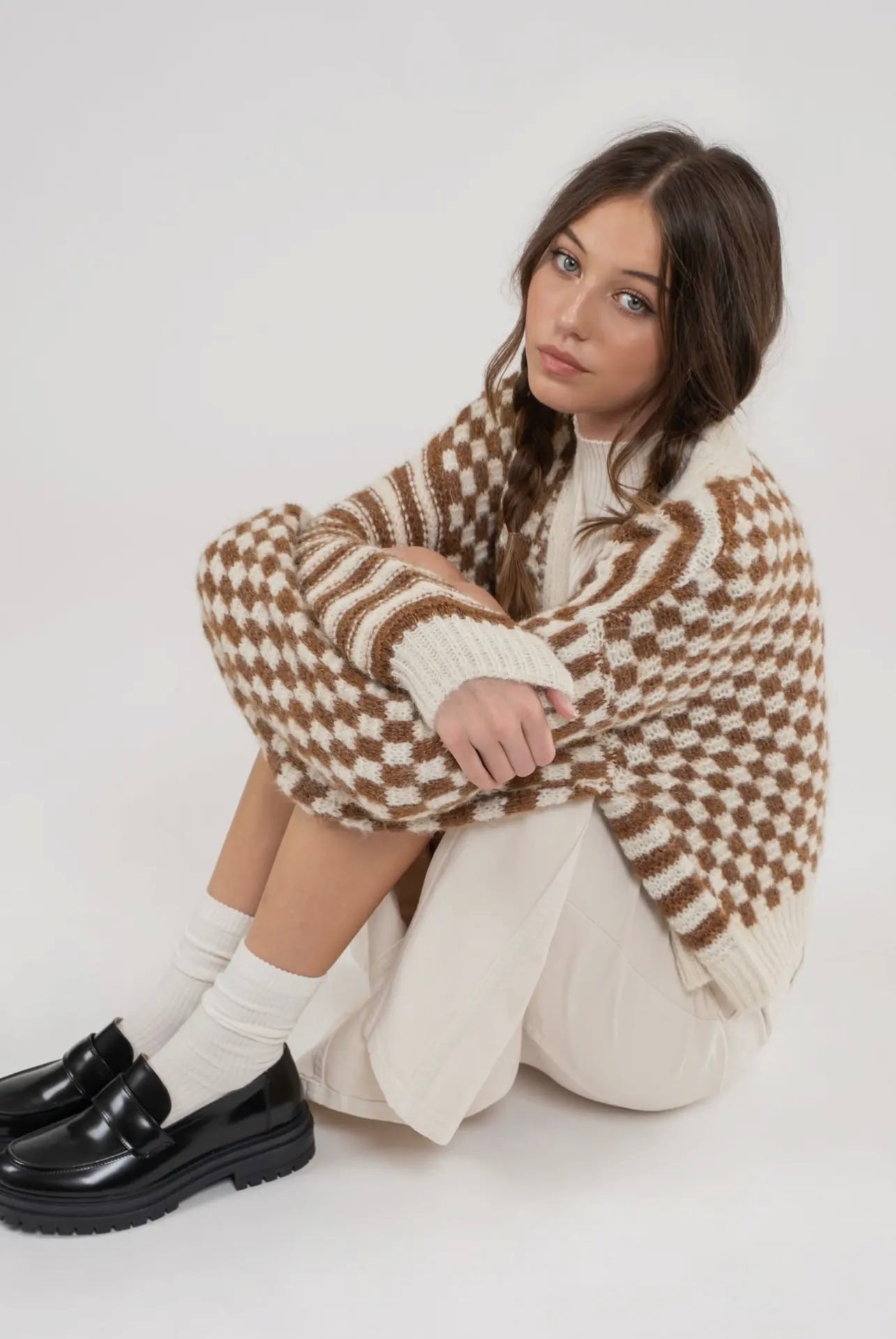 Stripe Check Balloon Slv Cardigan - Brown