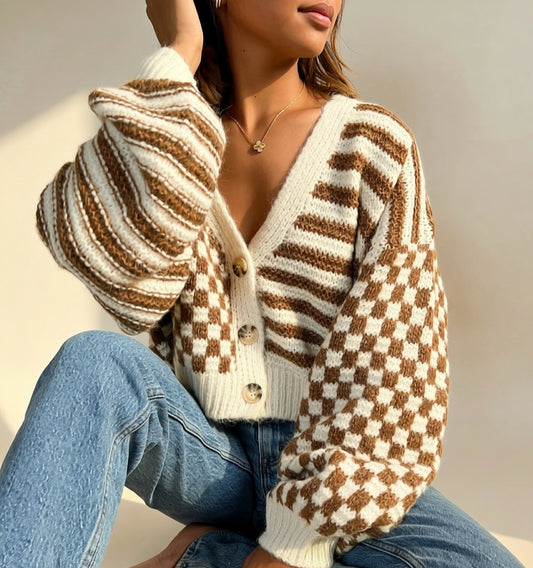 Stripe Check Balloon Slv Cardigan - Brown