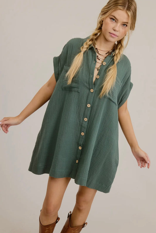 Gauze Button Down Dress - Seafoam